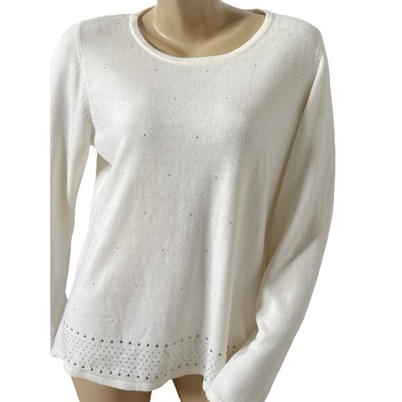 CAROLYN TAYLOR Womens Size Large Cream Rhinestone Long Sleeve Pullover Sweater - Picture 5 of 8